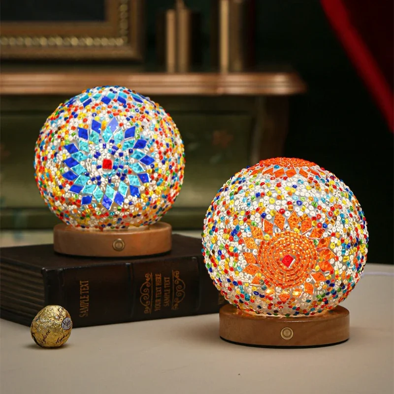 Bohemian LED Desk Lamp USB Button Warm Dimming Stained Glass National Style For Home Bar Bedroom Decor Creative LED Table Lamp