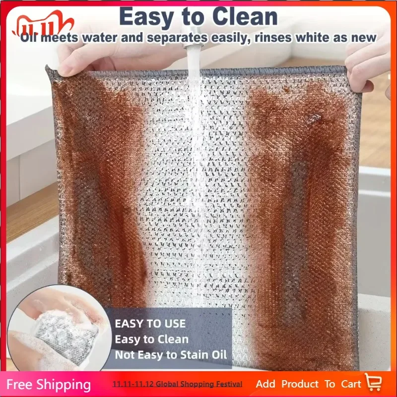 10pcs Magic Dishcloth Silver Wire Cleaning Kitchen Cloth Thickened Microfiber Wash Towel Built-in Sponge Steel Wire Ball Rag