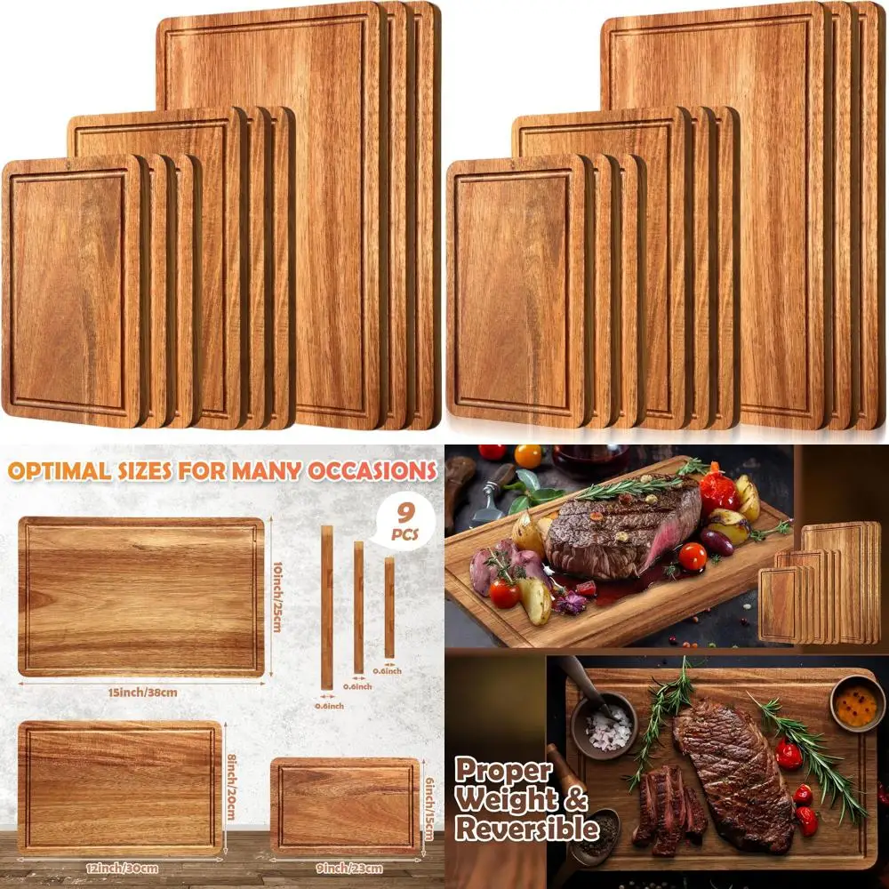 

Acacia Wood Kitchen Cutting Boards - 9-Piece Set with Juice Grooves, Handles, for Meat & Vegetables, Heavy Duty