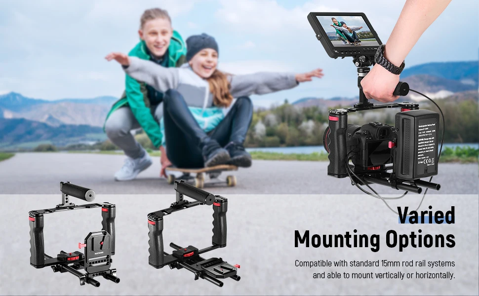 NEEWER V-Mount-Batterieplatte mit zwei 15-mm-Stabklemmen, passend für Kamera-Rig-Käfig mit 15-mm-Schienenstangen-Stützsystem für SmallRig – Detail 1