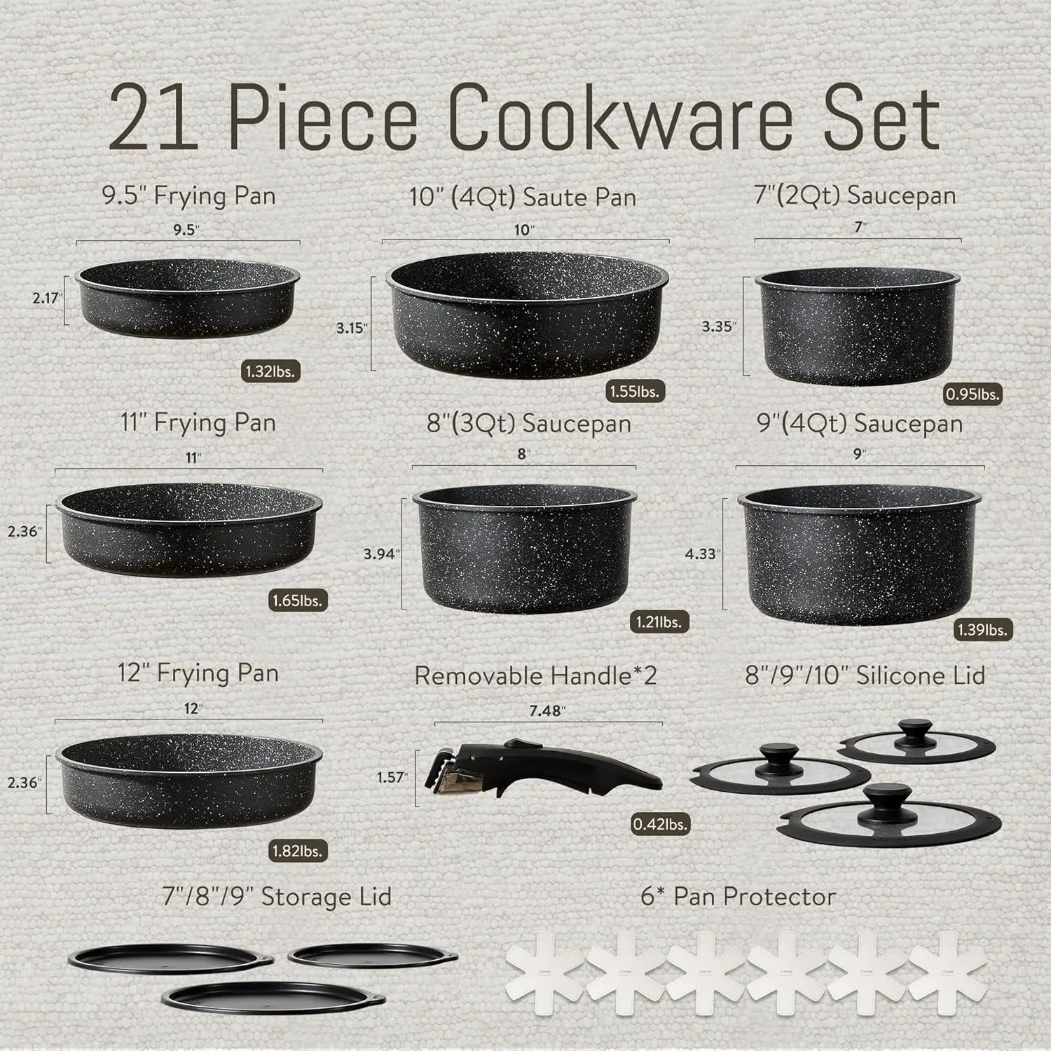 21pcs Pots and Pan Set Non Stick, Nonstick Induction Cookware, Detachable Handle Cookware Set, Removable Handle, RV Oven Safe Co