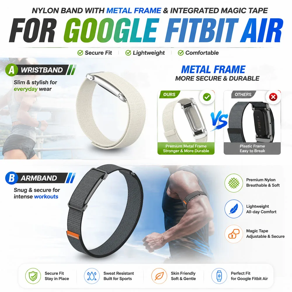 Neues geflochtenes Nylon-Sportarmband für Google Fitbit Air Magic Buckle Armband, leichtes, atmungsaktives Sportarmband