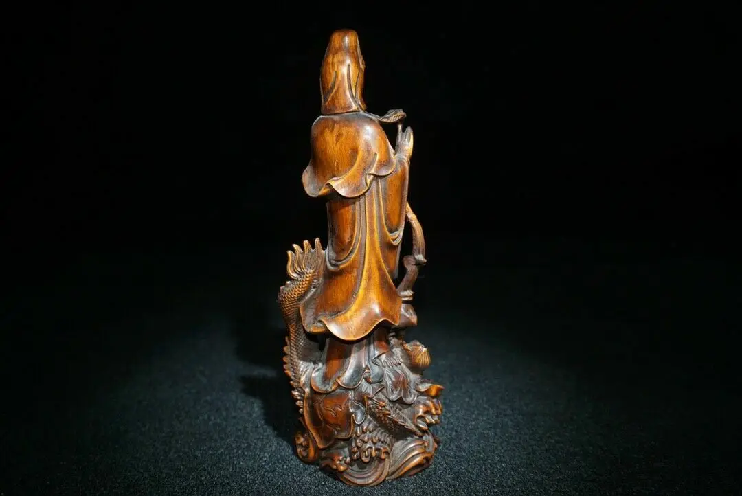 Antique Boxwood Carved Kwan Yin Statue Dragon Thinking Woman Art Wood Sculpture