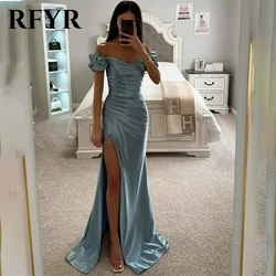 RFYR Blue Prom Dress Sweetheart Trumpet Evening Dress Off The Shoulder Party Dress with Pleats Satin Side Split Robe De Soirée