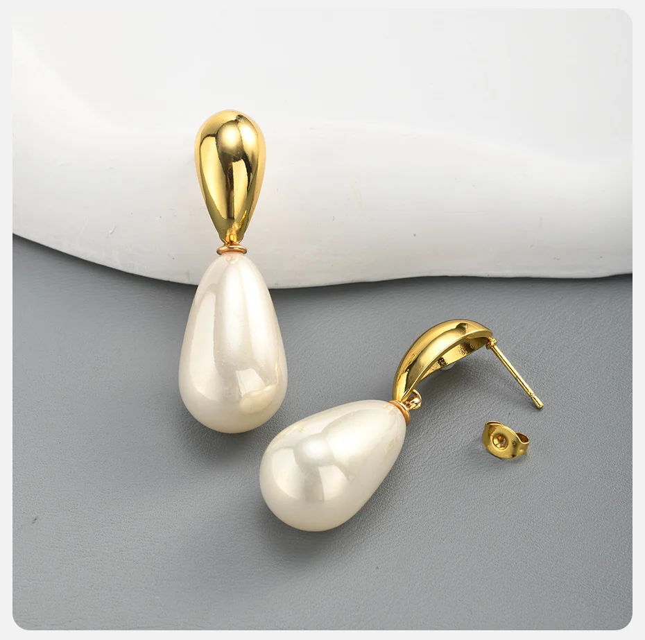 Vnox Exquisite Imitationsperlen-Ohrhänger für Damen, vergoldeter Edelstahl, tropfenförmige Ohrringe, Hochzeit, Party, Ohrschmuck – Detail 5