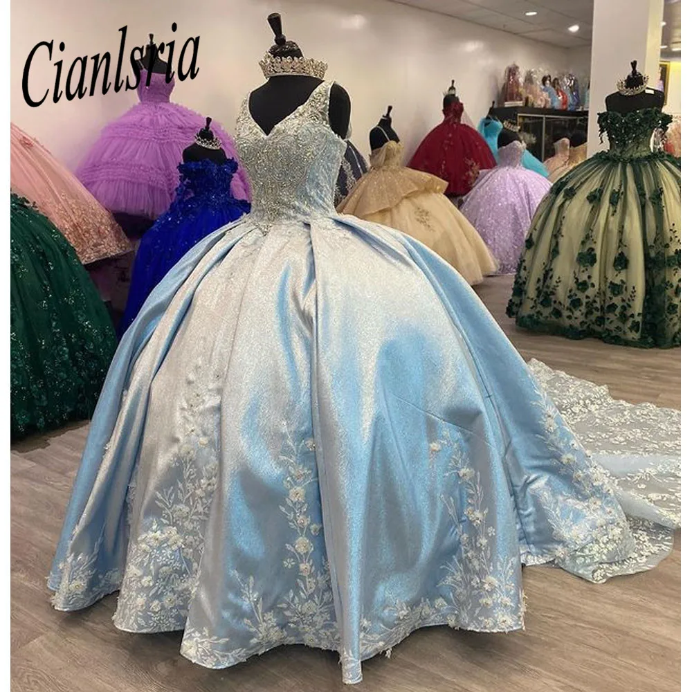 Sky Blue Ball Gown Quinceanera Dresses Plus Size Appliques Sweet 16 Dress Birthday Party Vestidos De 15 Años