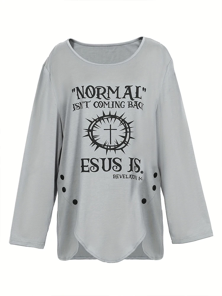 

Plus Size Women's Round Neck Long Sleeve Top Letters Pattern Loose Casual T-Shirt XL-5XL Best Choice for Autumn