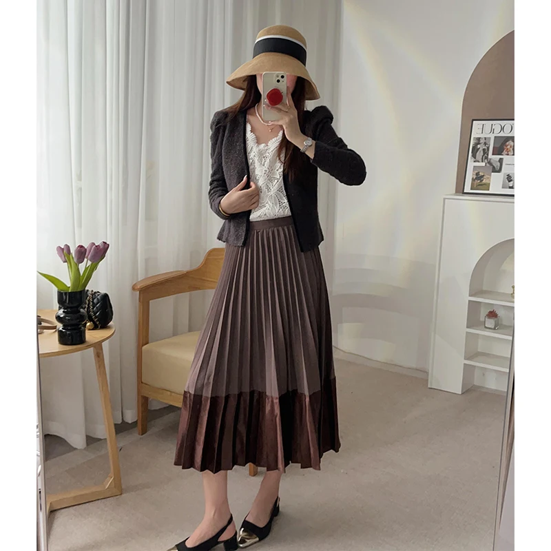 

Элегантная универсальная плиссированная юбка из шелкового атласа с высокой талией А-силуэта для женщин, осенняя коллекция Ci Walk