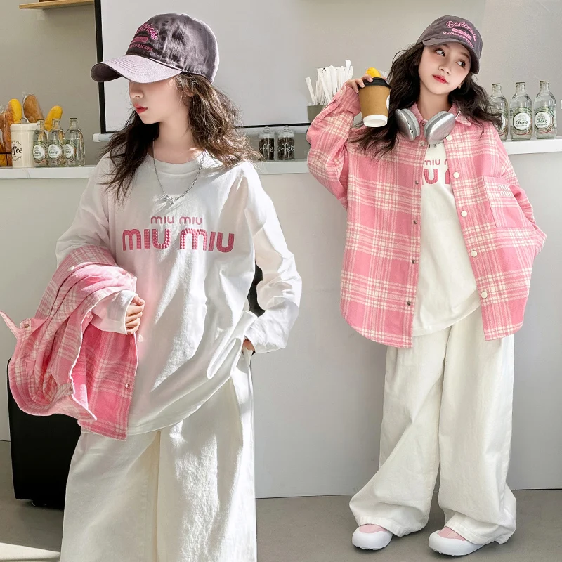 Girls thick plaid shirt breathable cotton girls going to school t-shirt two-piece set