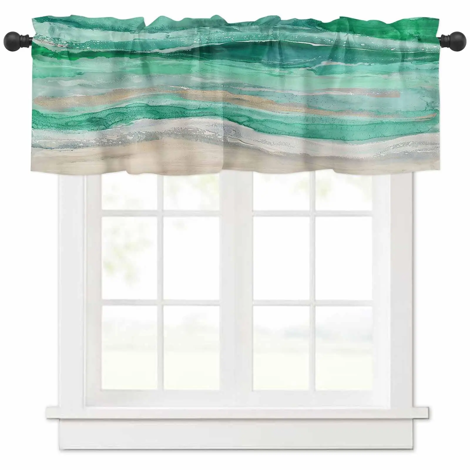 Coastal Beach Abstract Green Wave Modern Ombre 1 Panel Short Curtains for Kitchen Windows Bathroom Bedroom