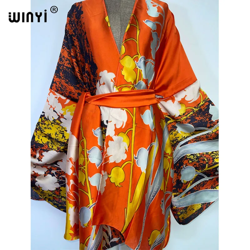 WINYI-Kimono à manches longues pour femme, cardigan auto-ceinturé, sexy, doux, bohème, point, sortie à la plage, vacances, été, nouveau, 2022