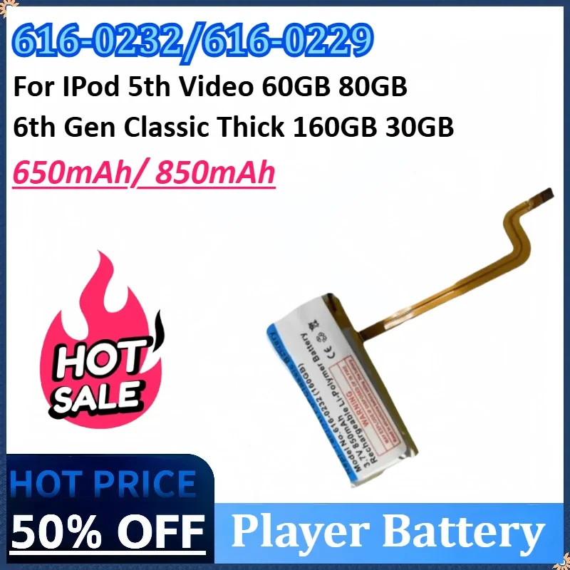 

3.7V 650mAh/ 850mAh Player battery for IPod 5th Video 60GB 80GB 6th Gen Classic Thick 160GB 616-0232 616-0229 30GB A1238 A1136