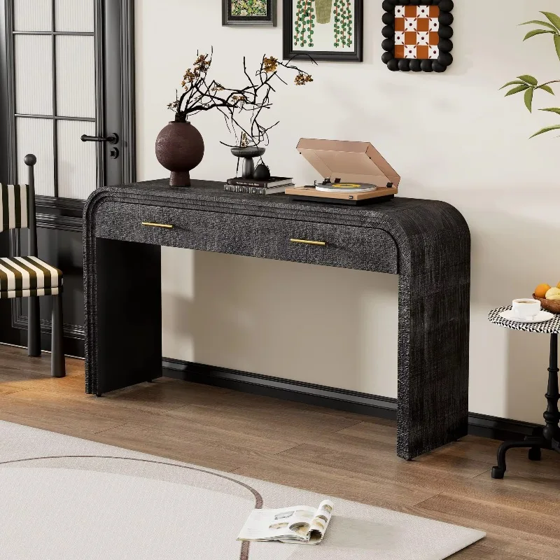 

Unique retro silhouette console table with open two top drawers for entry to the dining room and living room