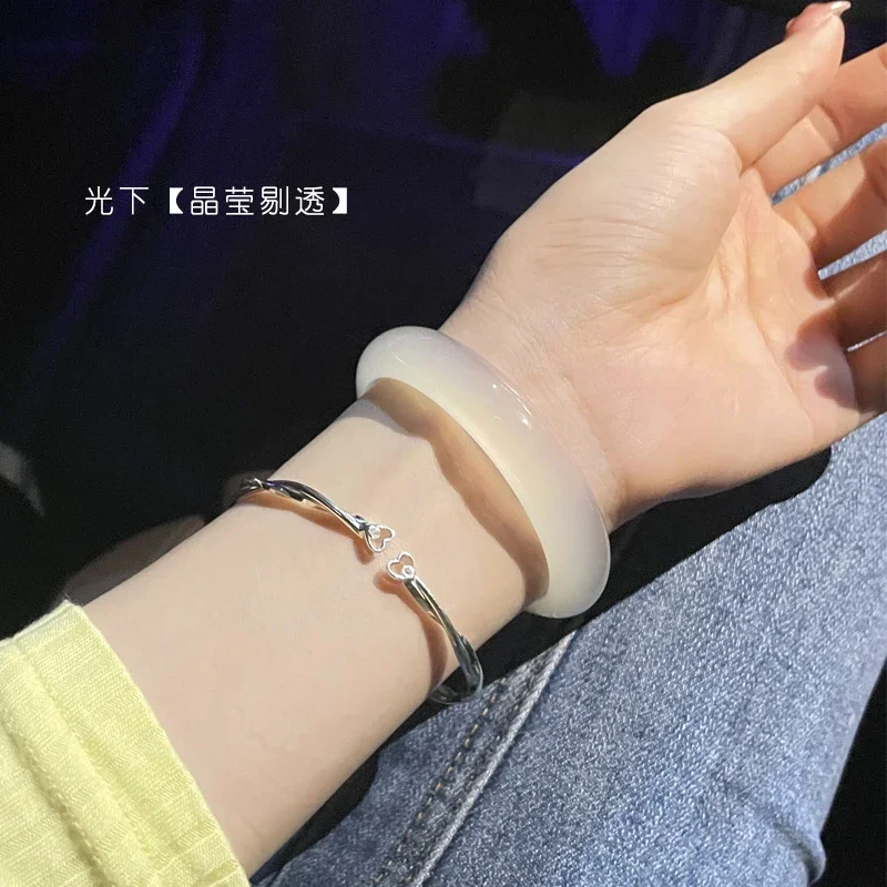 White Moonlight Round Bar Agate Bracelet for Women Natural Ice Jade Chalcedony Transparent Bangle Advanced Traditional Jewelry