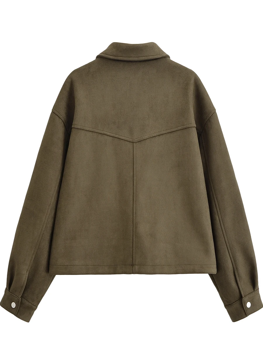 Green Furry Surface Short Jacket Women's Casual Style with Pockets Autumn Outerwear Quilted Fabric Ladies Coat Zipper Closure