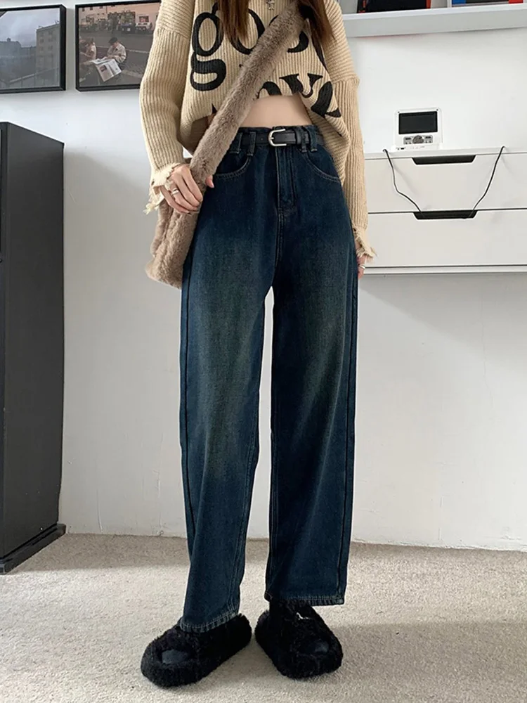 Winter Velvet Lined Jeans Straight Pants Baggy Streetwear Warm Vaqueros Trousers Ankle-length Plush Vintage Denim Wide Leg Broek