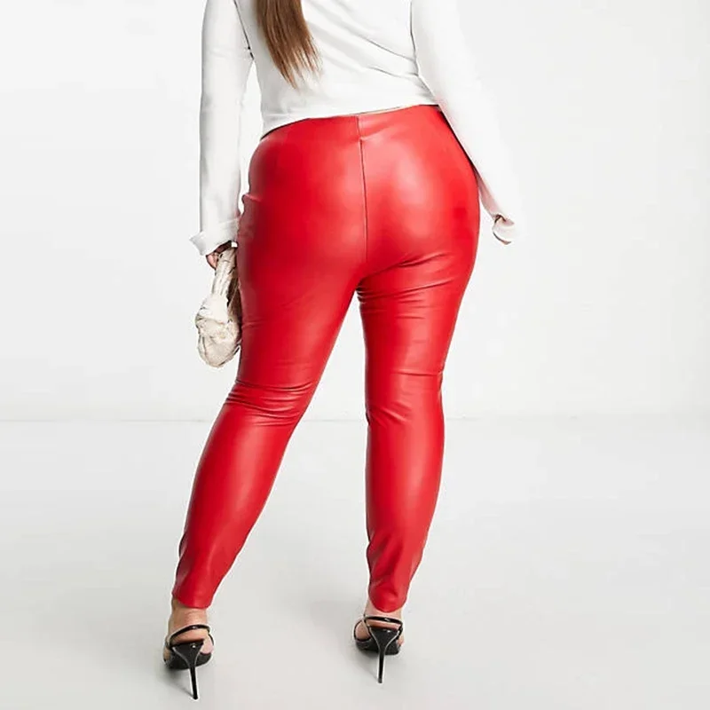 Women's Mid Waist Faux Leather Pencil Pants, PU Skinny Tights, Elastic Stretchy Leggings, Sexy Trousers, Red, Plus Size, Winter