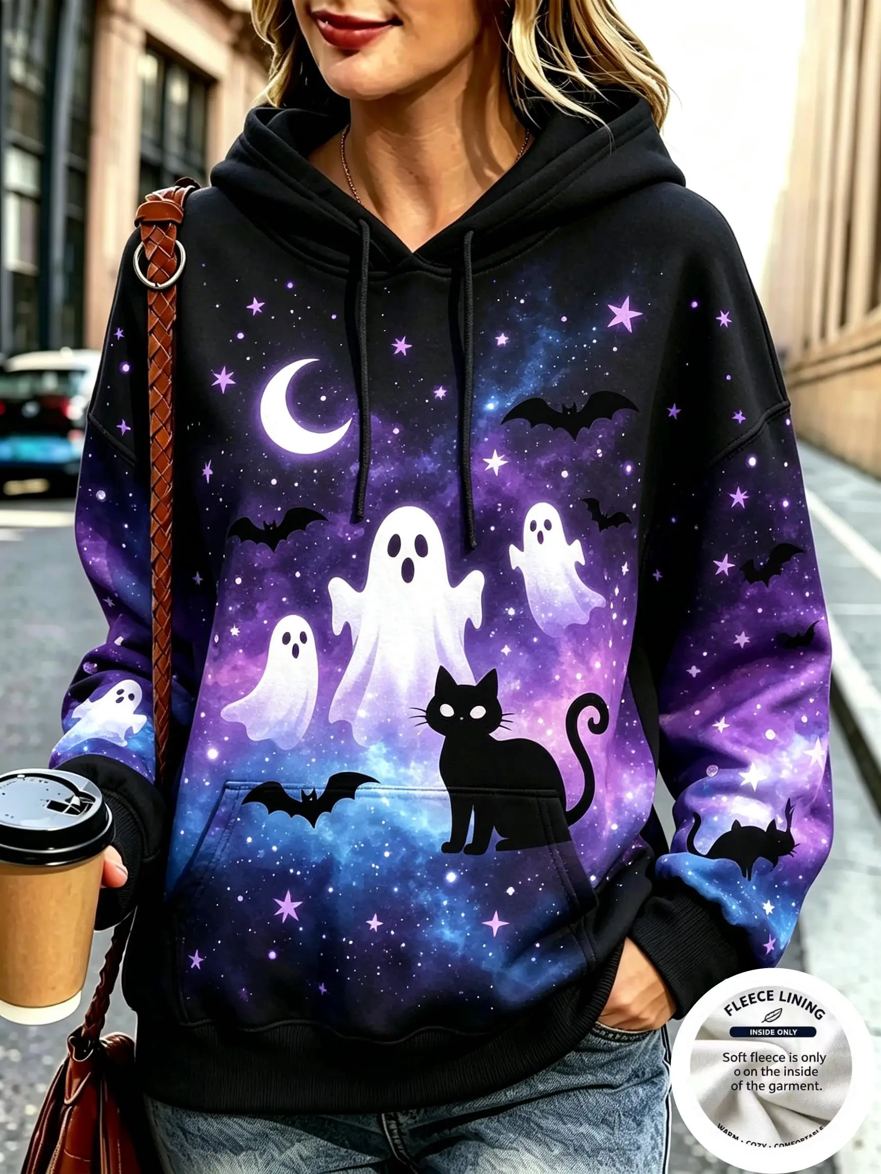 Women Fleece Hoodie Halloween Galaxy Gradient Ghost Pumpkin Cat Print Long Sleeve Pullover
