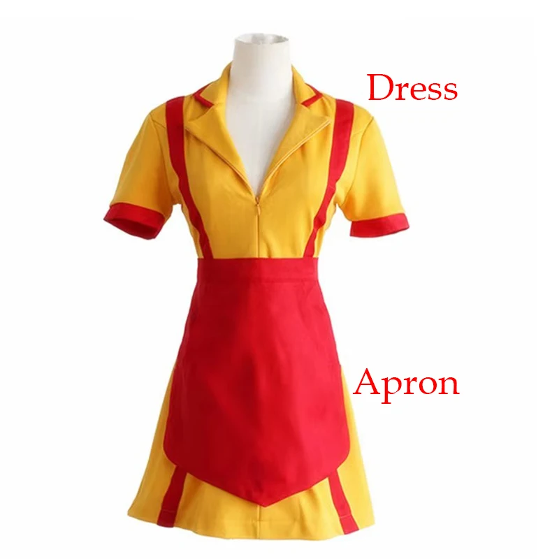 Movie 2-Broke Girls Max Caroline Caroline Cosplay Kostuum Vrouwen Halloween Party Korte Mouw Gele Schort Jurk