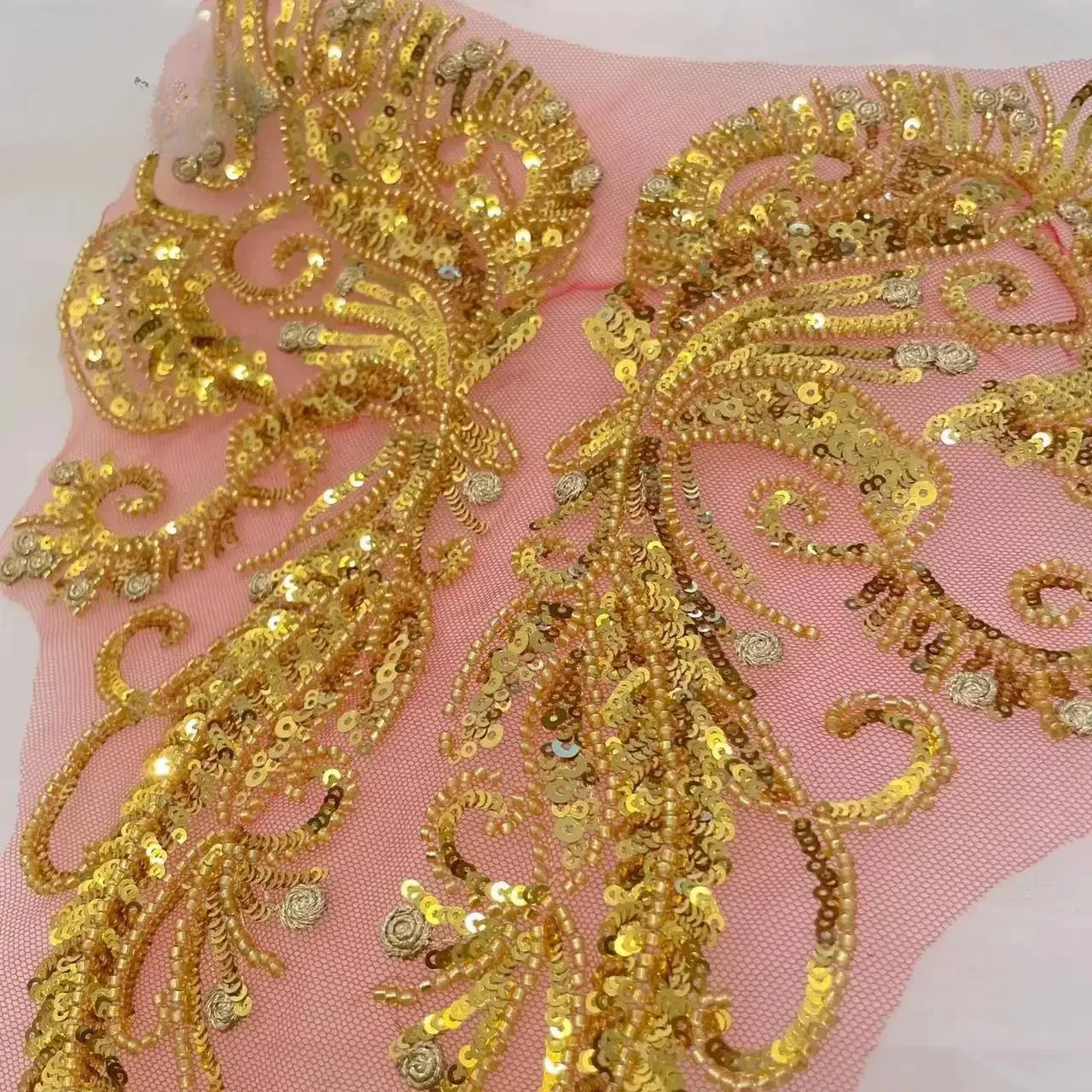 

Large Front and Back Beaded Lace Applique, Gold, Shiny Opening, Tull Embroidery, DIY Wedding Dress, Children's Clothing, Sewing