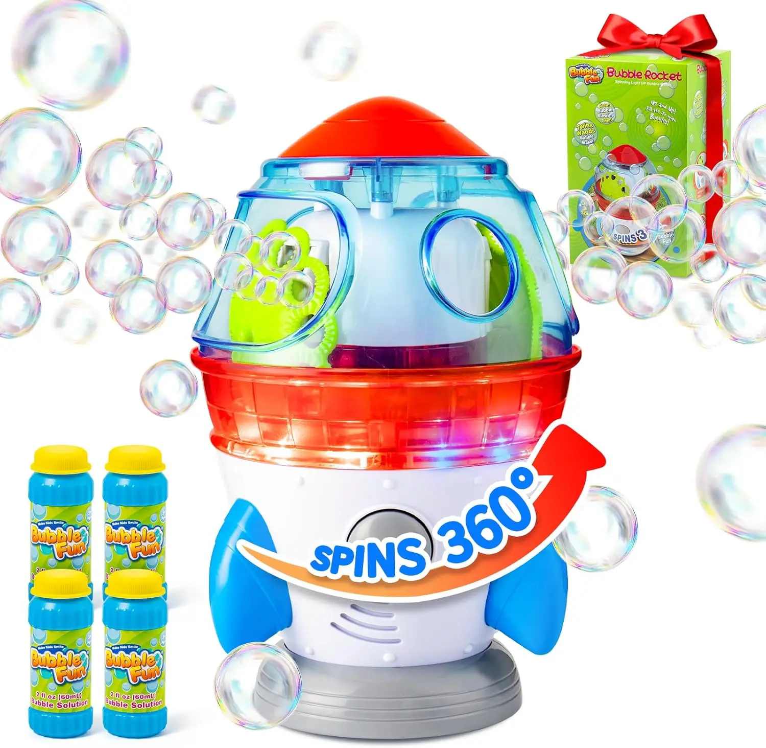 

Kids & Pets Rocket Bubble Machine: Dual Outlets, 360° Rotation, LED Lights & Music for Indoor/Outdoor Parties
