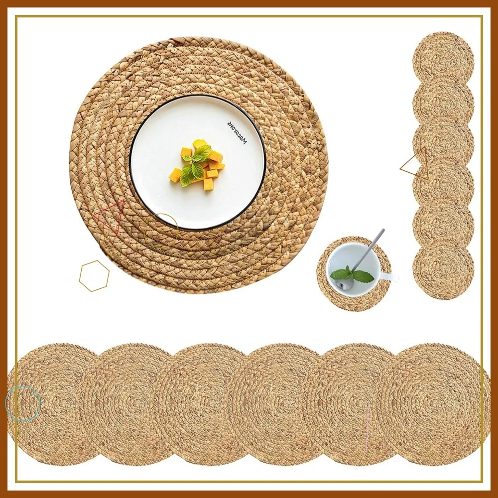 

Set of 6 Round Woven Placemats with Coasters, Natural Water Hyacinth, Heat-Resistant for Indoor Outdoor Use