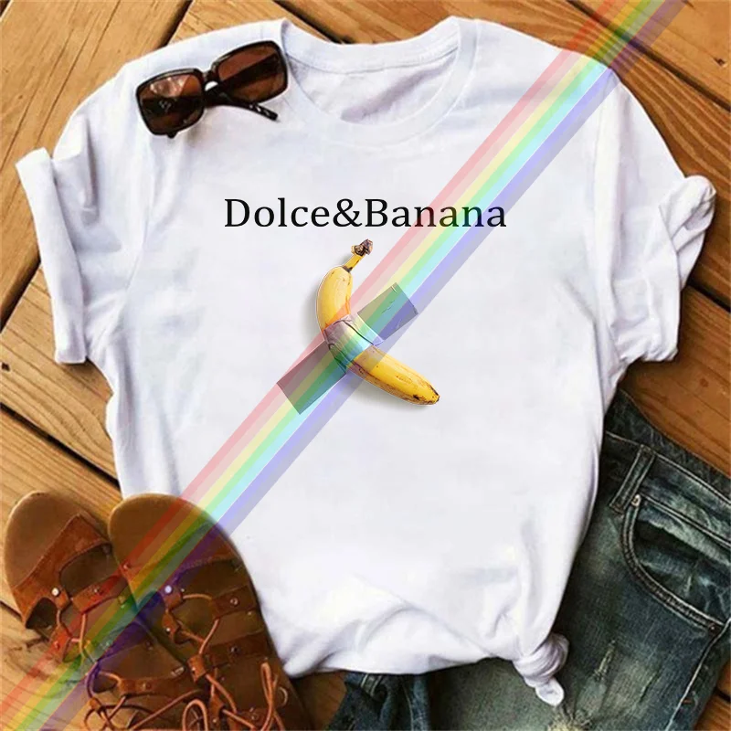 High-quality spring and summer women's banana-printed cotton casual and versatile T-shirts from a cotton light luxury brand