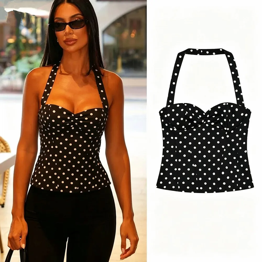 Sexy Neckholder Crop Tops Damen Korsett Slim Polka Dot Print Kurze Tops 2026 Sommer Y2K Mädchen Streetwear Urlaub Strand Tops Kleidung