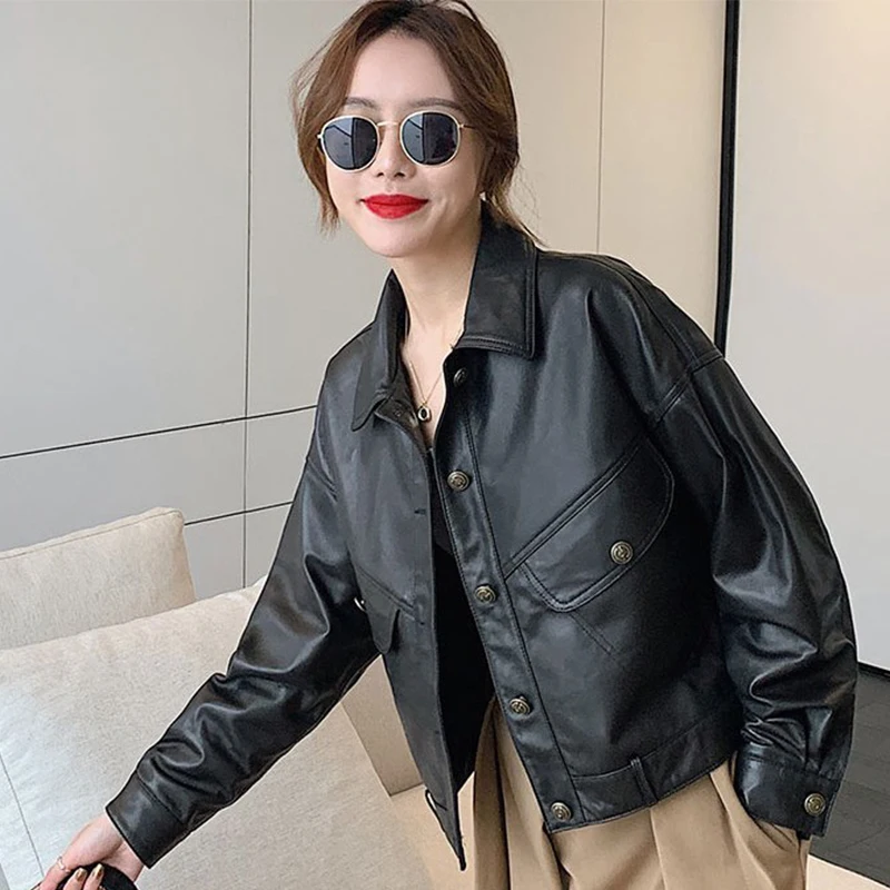 Autumn Winter Thicken Warm Vintage Leather Coat 2023 Women\'s Sheepskin Genuine Leather Coat Turn-down Collar Button Pocket Coat