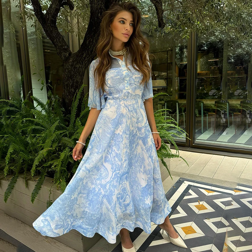 

Linad Vintage High Waist Print Long Dress For Women Office Single-Breasted Shirt Dress Summer Short Sleeve Holidy Dresses 2025