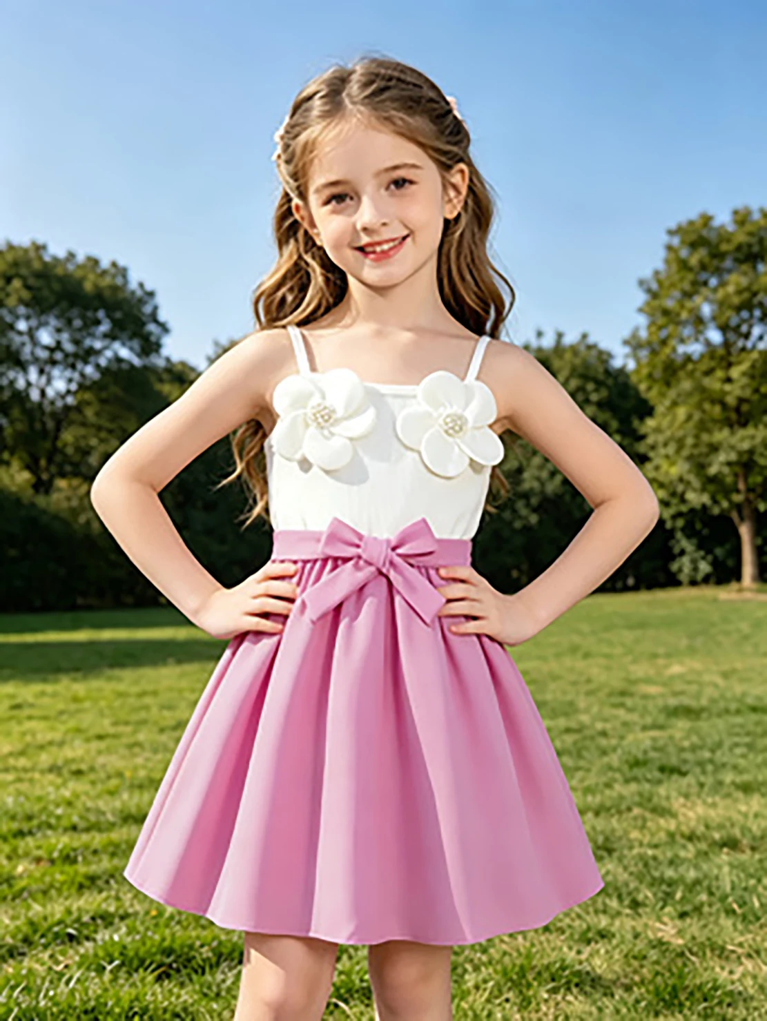 Girls' Pink and White Color Block Floral Spaghetti Strap Princess Dress, Summer Bow A-Line Skirt