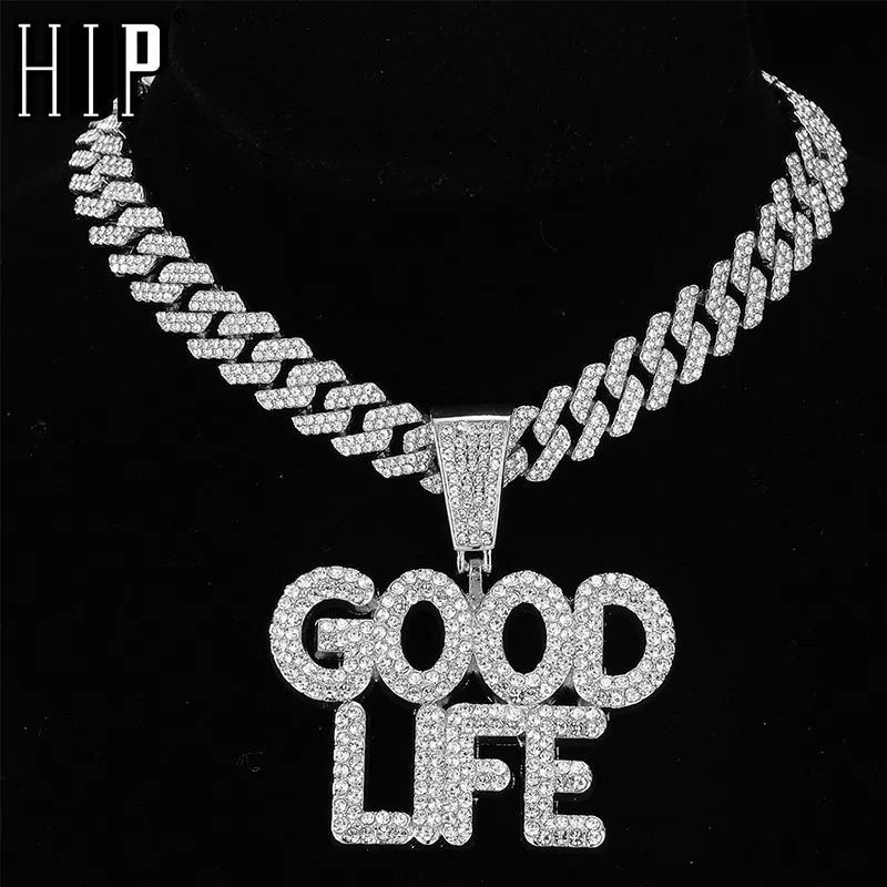 HIP HOP Iced Out Letters GOOD LIFE Pendants With 13mm Cuban Link Chain AAA+ Rhinestone Necklaces For Men's Women Rapper Jewelry