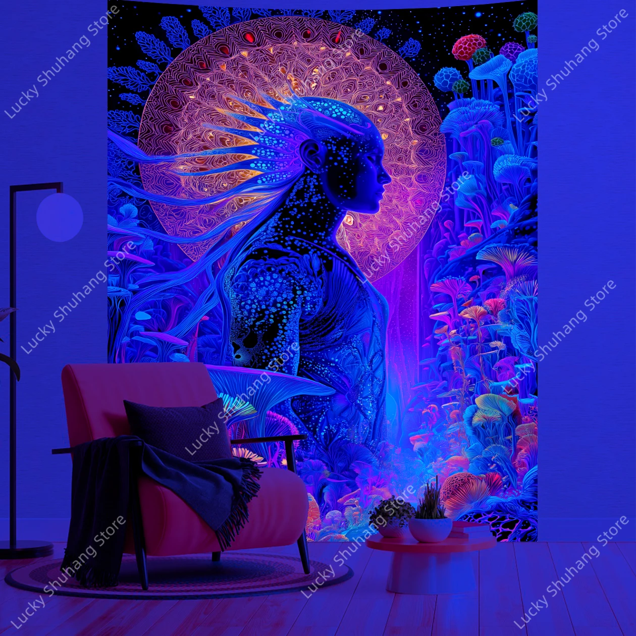 Psychedelic Mystical UV Tapestry Intricate Face Pattern with Cosmic Mushrooms and Bohemian Style Wall Hanging for Bedroom Decor