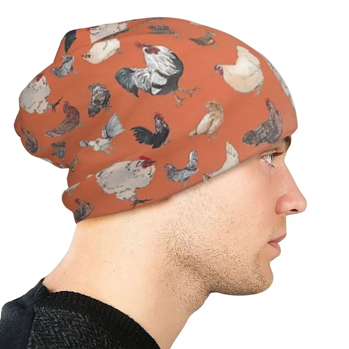 الدجاج سعيد في العميق البرتقالي Skullies Beanies القبعات الدافئة الخريف الشتاء في الهواء الطلق قبعة محبوك قبعات بونيه للجنسين الكبار