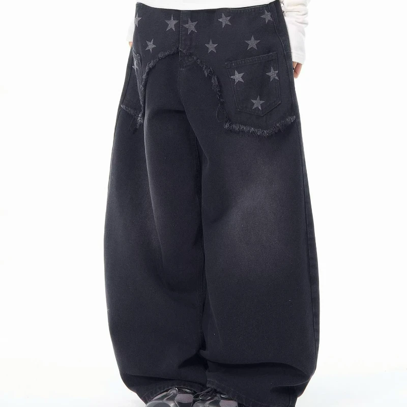 American Retro Design Star Print Women's Jeans 2025 Autumn Winter New Loose Thin High Waist Versatile Wide-leg Trousers Ladies