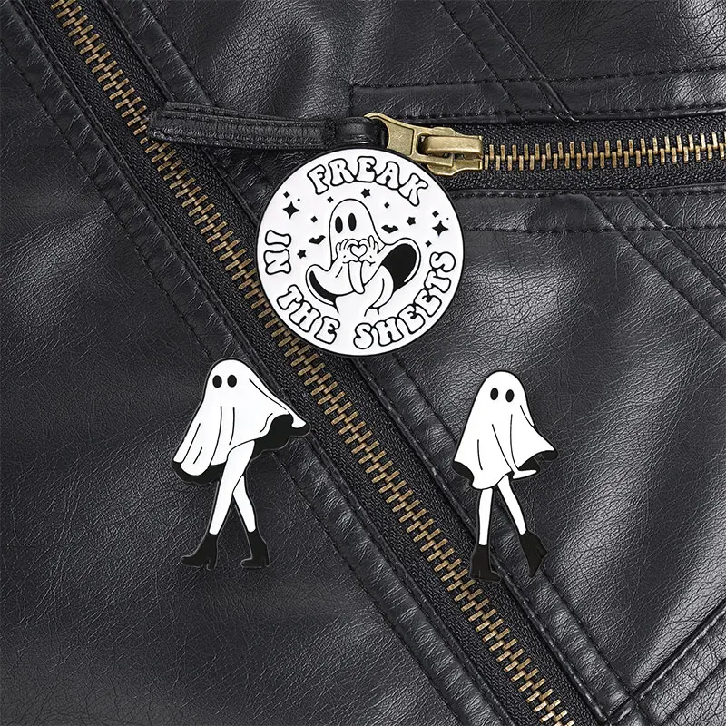 Freak In The Sheets Ghost With Heart Hands Enamel Pin, Spooky Cute Brooch With Text For Halloween Lovers And Dark Humor Style