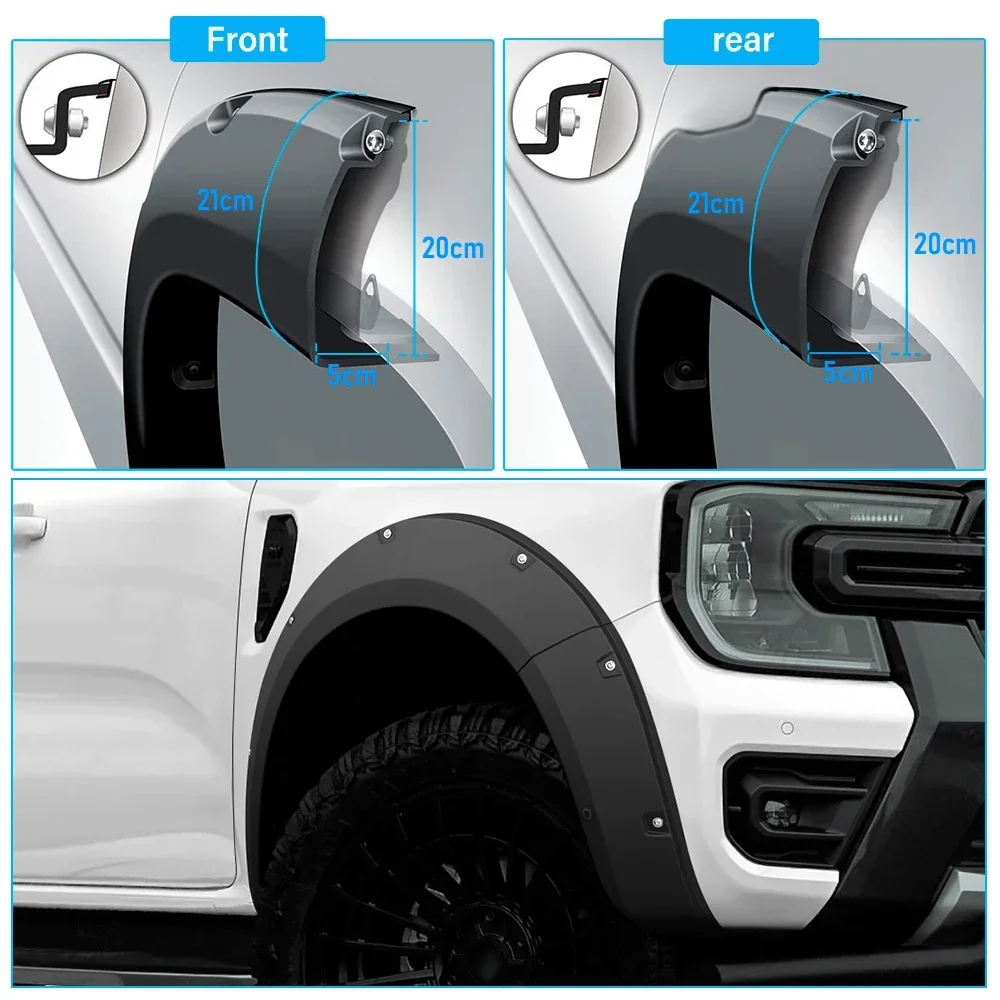 Large covered Fender Flares with black painted Wheel Arch Extension for Ford Ranger Next Gen 2022 2023 2024 Wildtrak Wildtrak-X