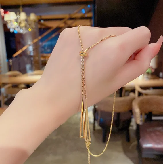 18K Gold Plated Geometric Triangle Lariat Necklace for Women - Minimalist Long Drop Y-Shaped Chain, Dainty Jewelry for Party & D