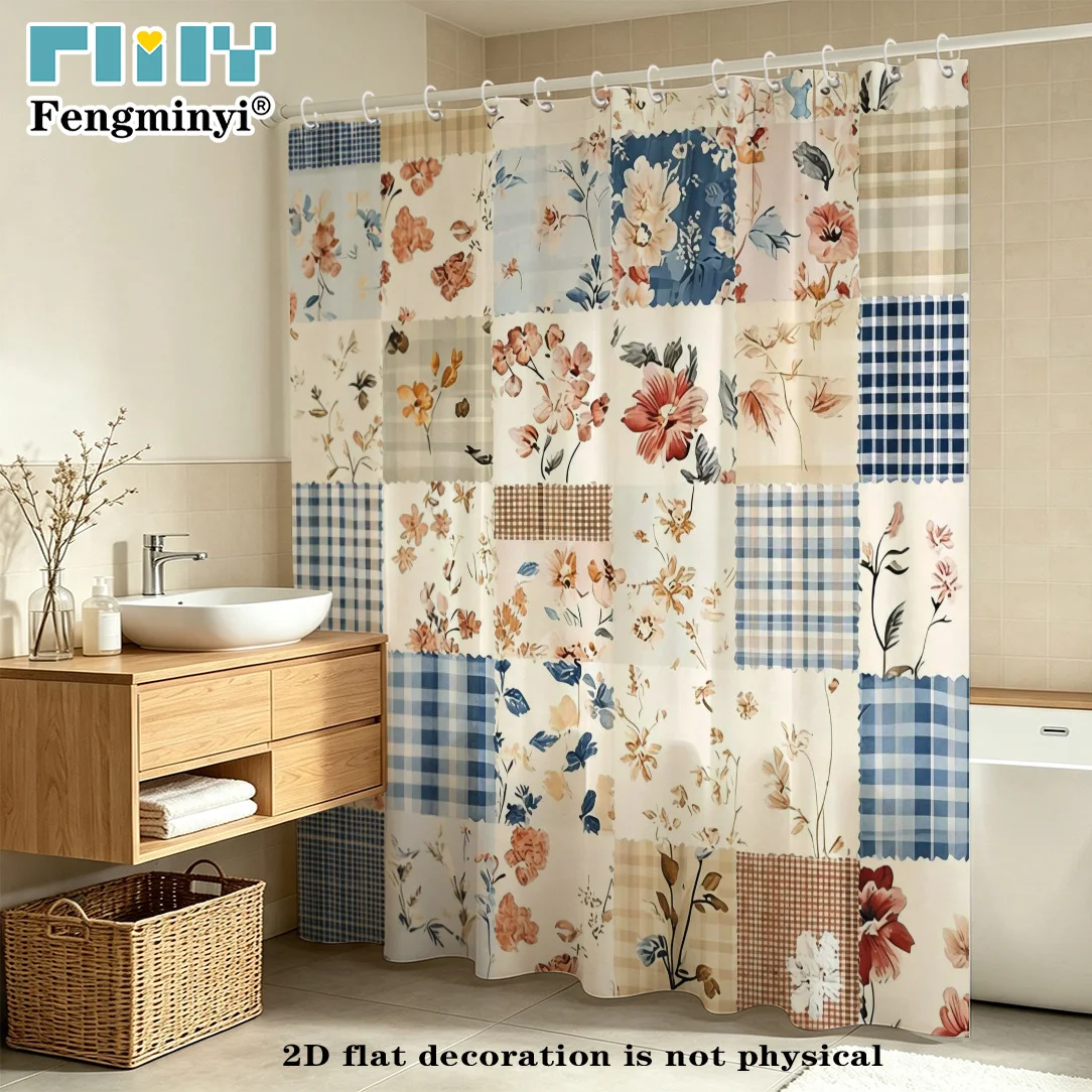 2D Flat, 1pc FENGMINYI Modern Quilted Shower Curtain with Hooks - Soft Color Block Checkered Floral Bath Curtain Suitable for, H