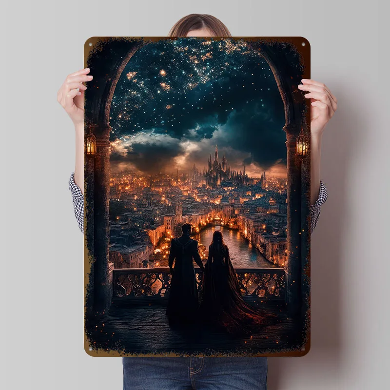 Paar, das sich in der Nacht der Stadtlandschaft beobachtet, Metallposter, individuelle Wandkunst, Retro-Vintage-Metallblechschilder für Raumdekorationen, Wanddekoration