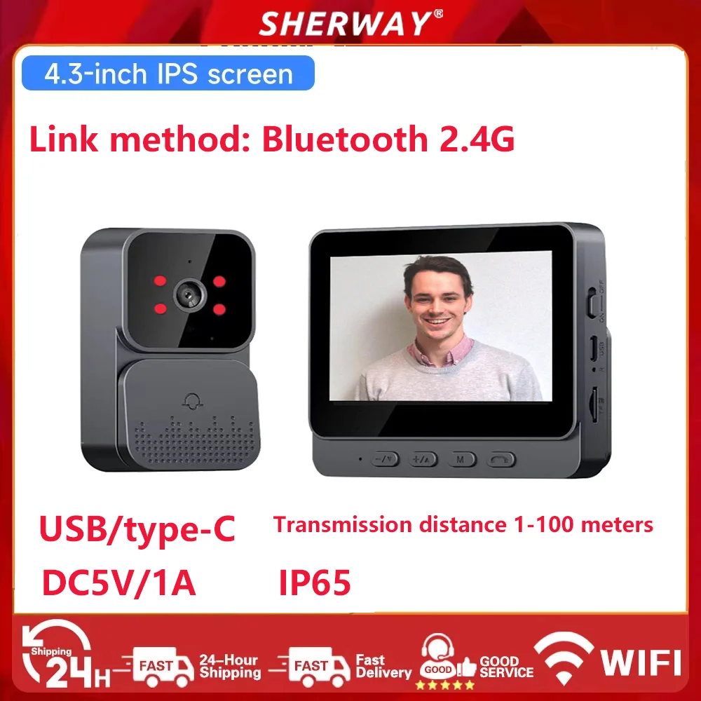 M10 1080P Smart WiFi Audio Video Türklingel mit 4,3-Zoll-IPS-Bildschirm Infrarot-Nachtsicht-Türklingel Familienwohnungskamera