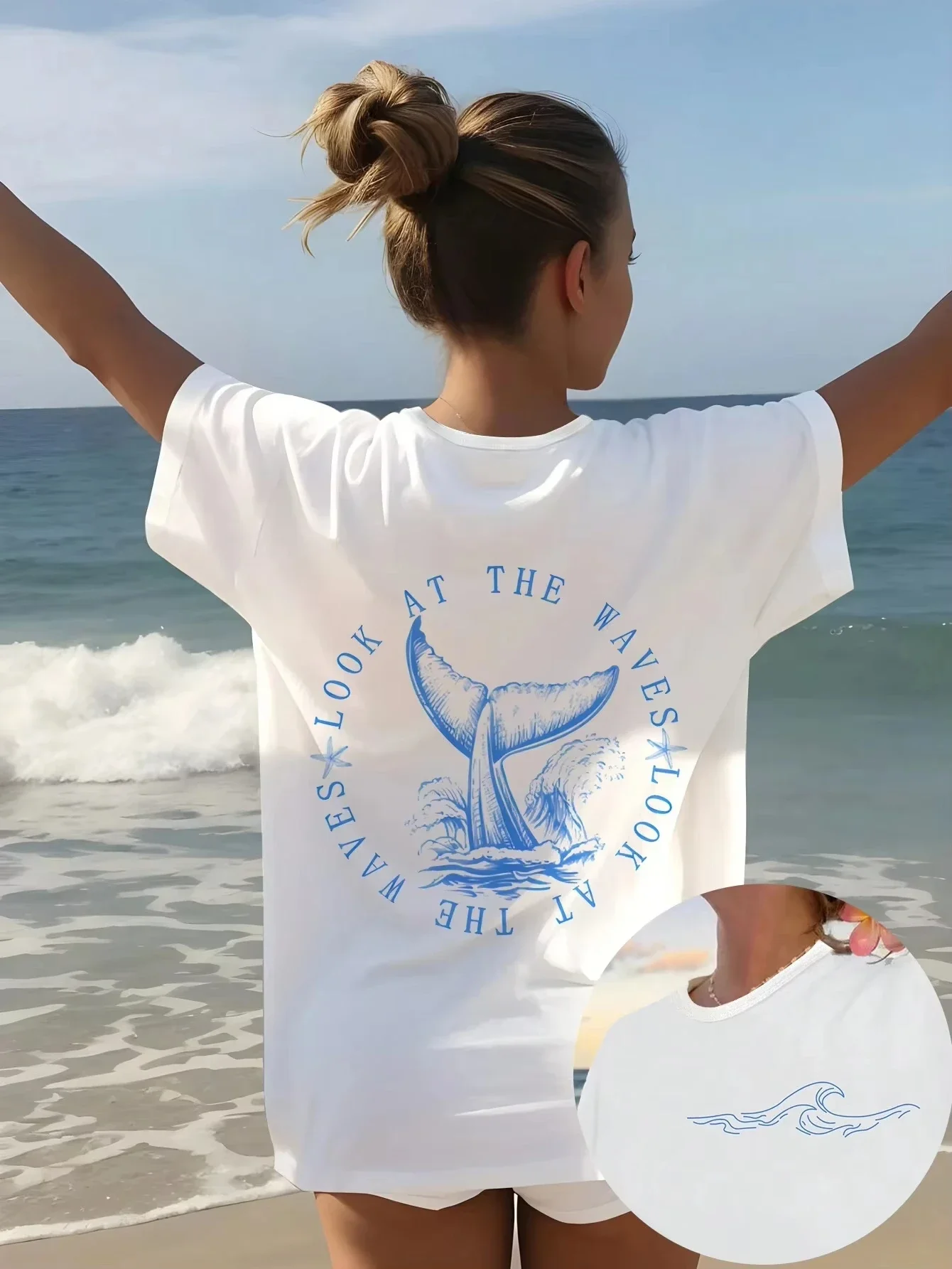 패션 여름 반팔 캐주얼 티셔츠 '파도를 바라보며 고래 꼬리와 레터링 프린트 티셔츠'