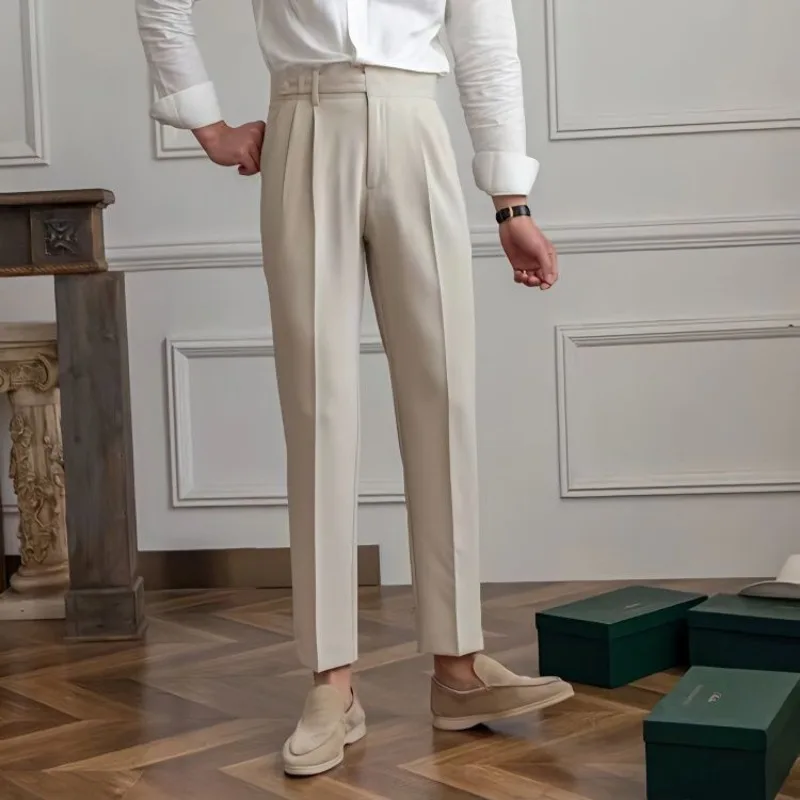 High Waist Pleated Man Suits Pants 9 Cropped Business Social Tailoring Quality Fabric Trousers for Men Classic Dress Elegant Up