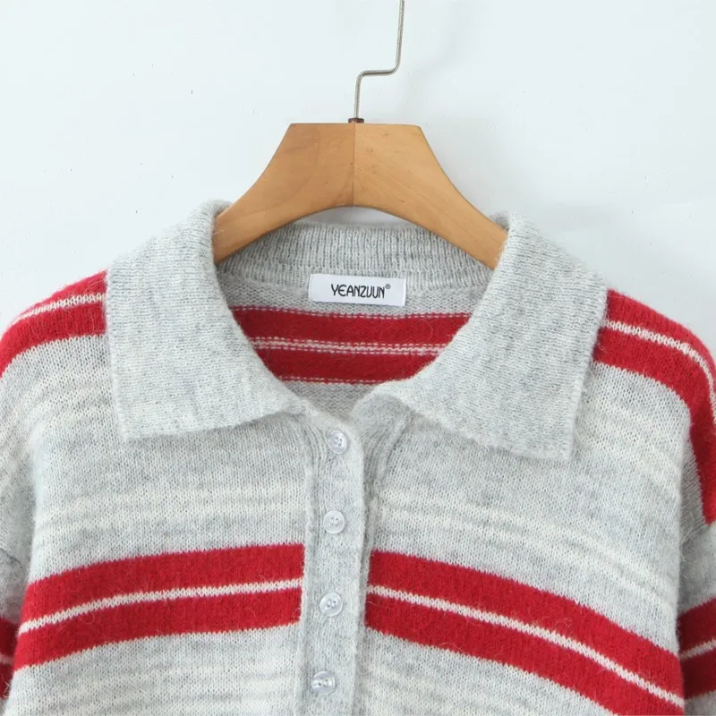 2025 outono inverno novo estilo coreano feminino doce camisola de malha gola polo manga longa listrado malha macio e confortável design topos