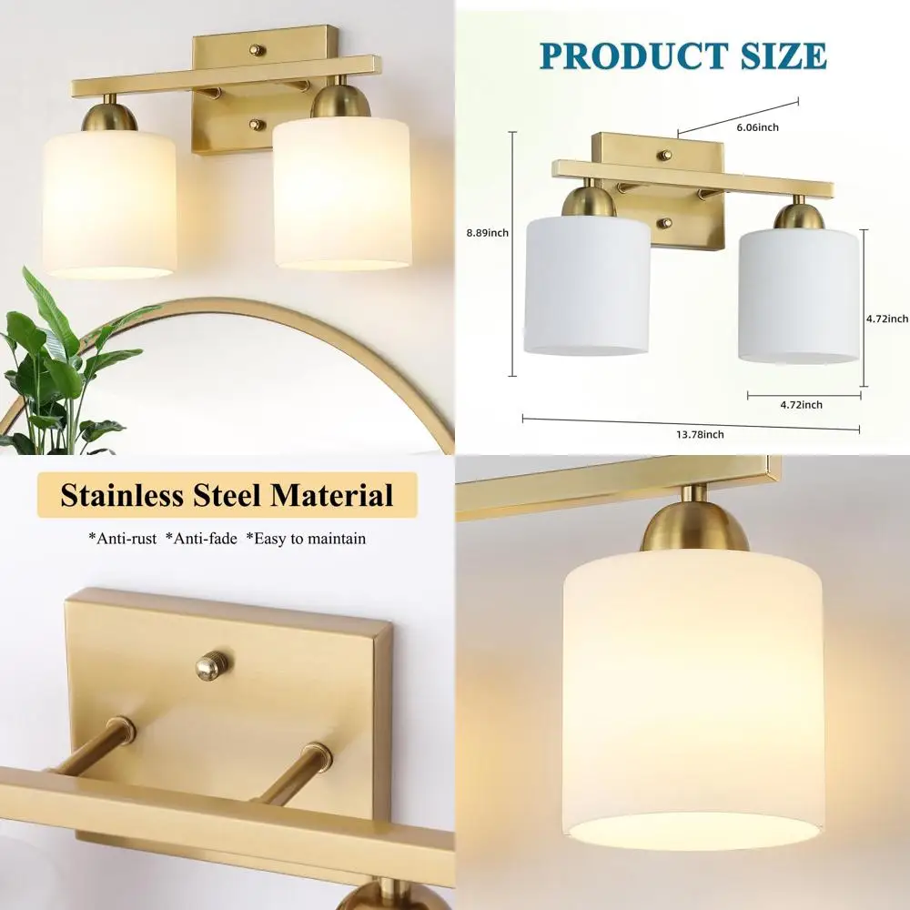 Luci da toeletta dorate a 2 luci a parete con prese in ceramica E26 per bagno in vetro di latte in acciaio inossidabile