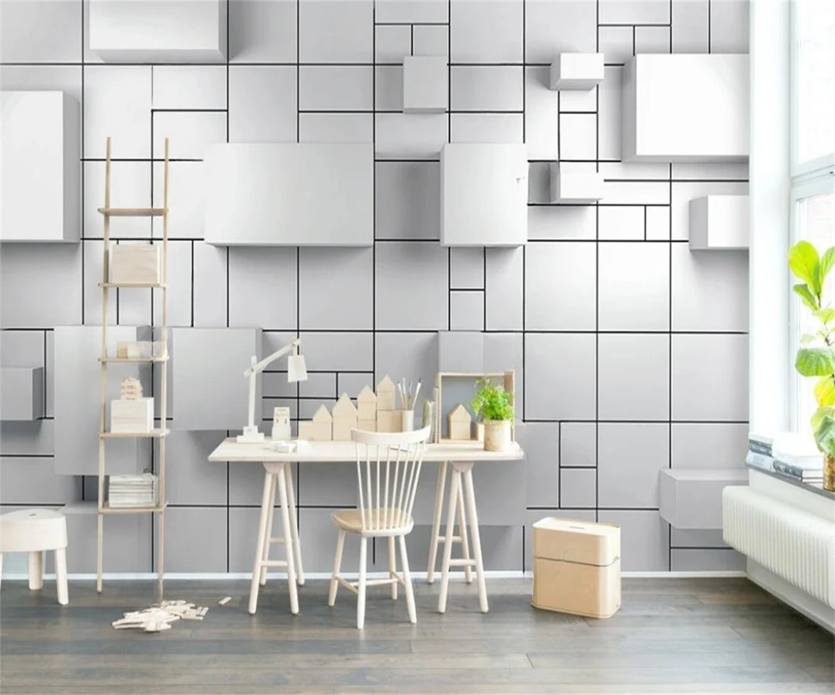 

Custom wallpaper White cube geometric brick TV background walls home decoration line lattice decorative painting 3d wallpaper