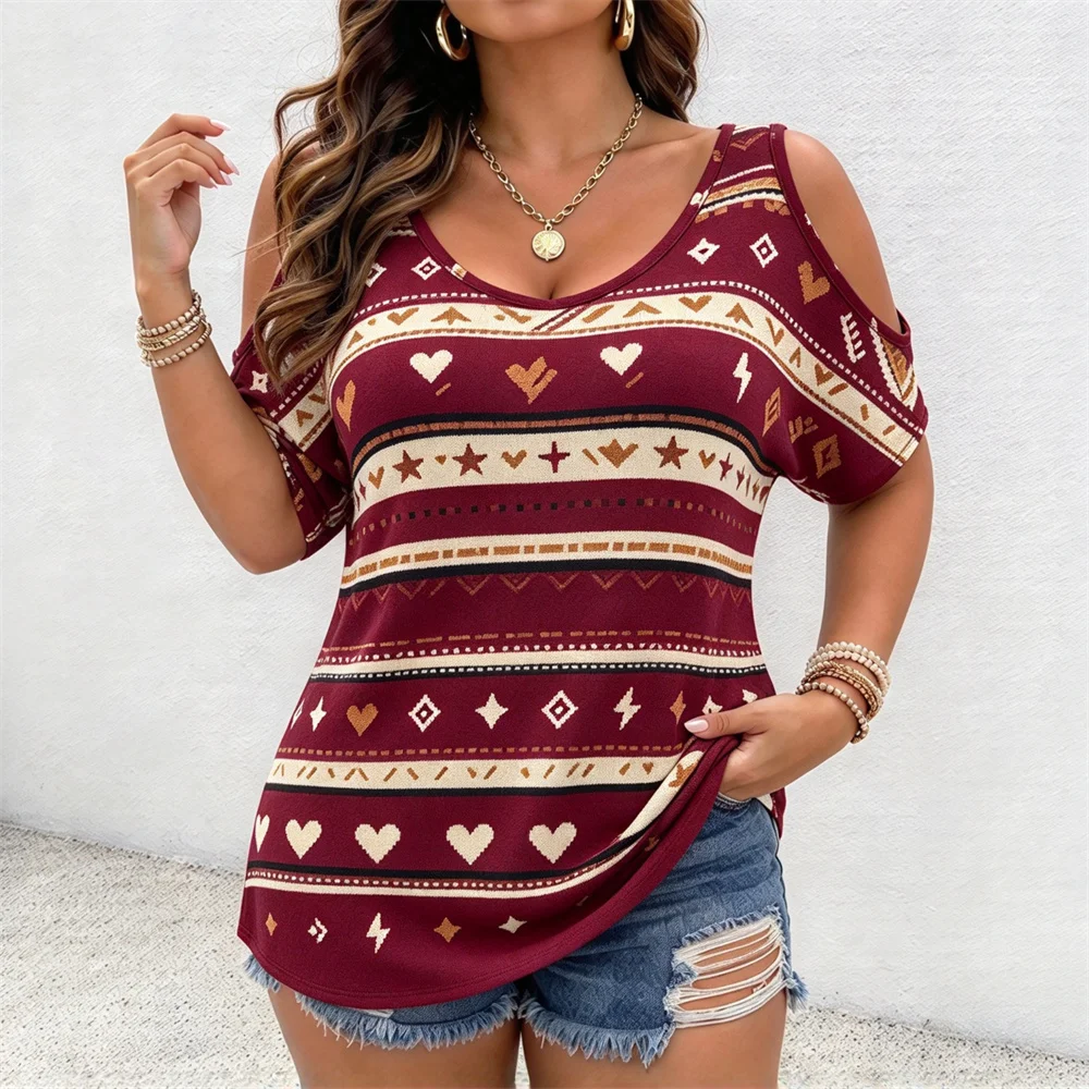 Ladies Off Shoulder T-shirt Vintage Crew Neck Women's T-shirt Women's Off Shoulder T-shirts Plus-size Women's Y2k Clothing Tops