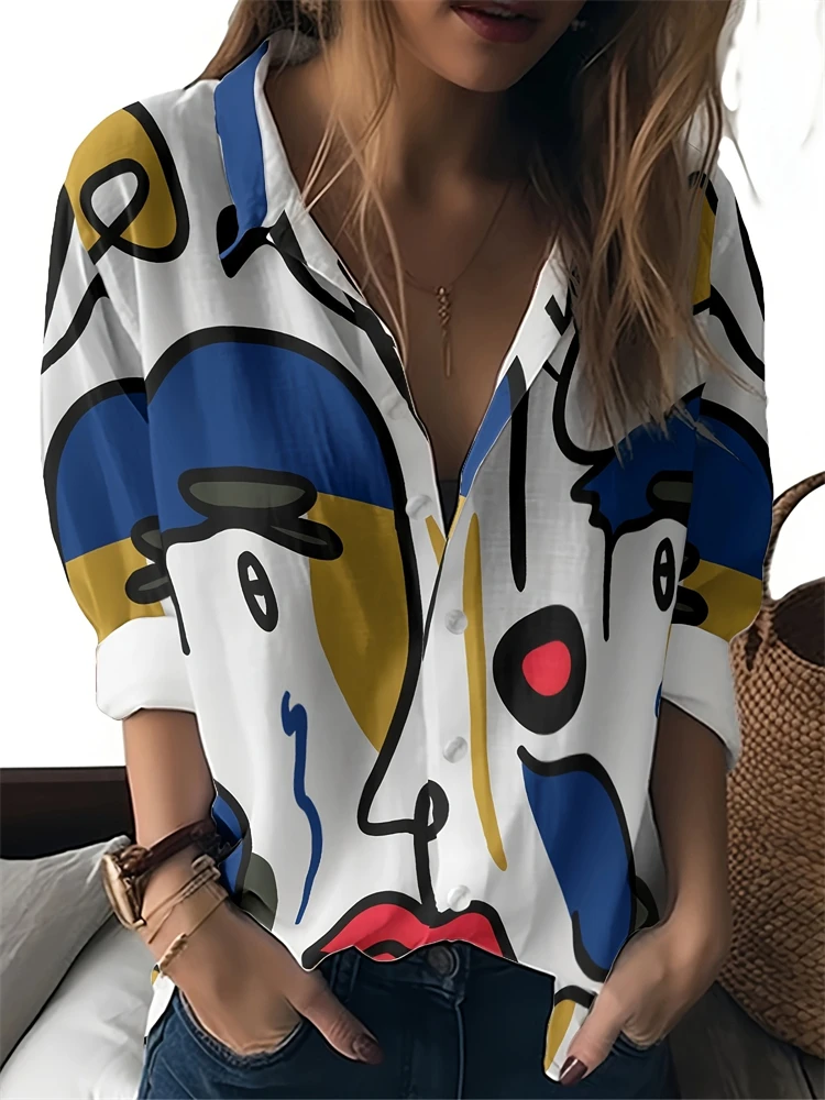 

Летняя женская повседневная рубашка на пуговицах, модная рубашка с длинными рукавами с абстрактным художественным узором, весенне-летняя новая женская рубашка высокого качества