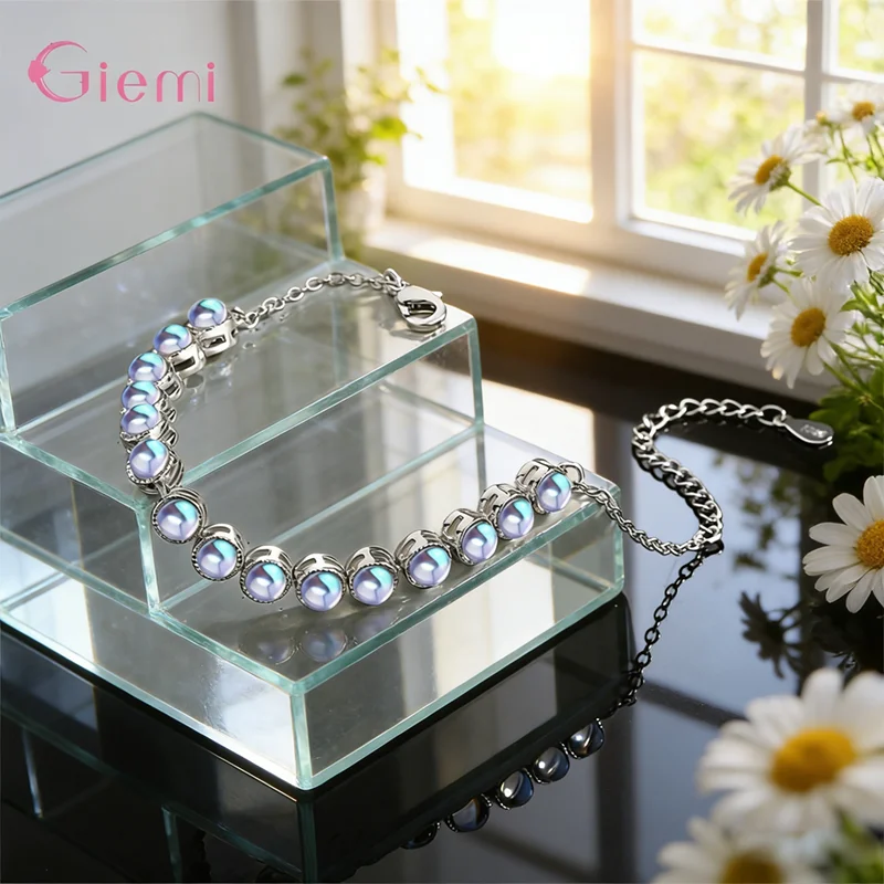 Personalized Sparkling Moonlight Stone Bracelet Creative Design Genuine 925 Sterling Silver Bracelet For Women Girls