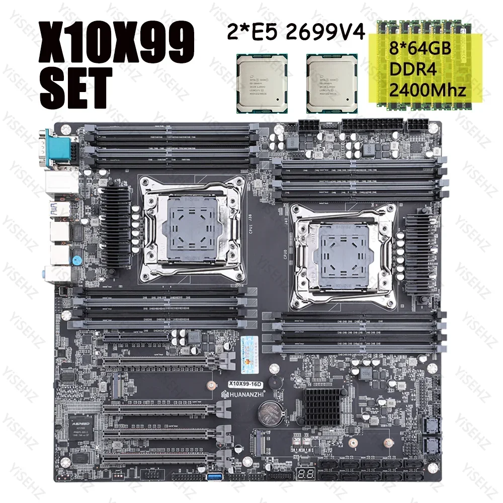 HUANANZHI X10X99 Motherboard Dual CPU X99 Set LGA 2011-3 With 2*E5 2699V4 8*64GB DDR4 ECC RAM Support NVME M.2 SATA3.0 USB3.0